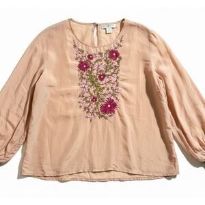 BLUNAUTA 100% Silk Embroidered Flower Tunic Pink Blouse Designer Luxury Boho XXL